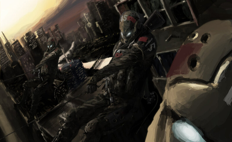 soldiers in futuristic city