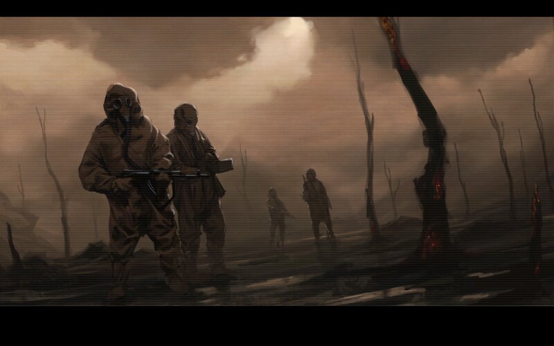 Soldiers in Gas Masks — Brown, Dramatic, Digital Art