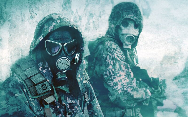 Soldiers in Gas Masks — Green, Dramatic, Digital Art