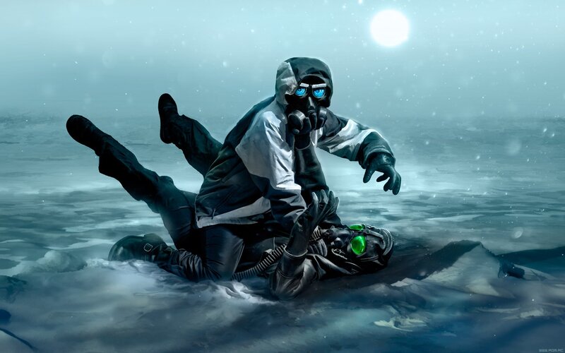 Soldiers in gas masks on ice