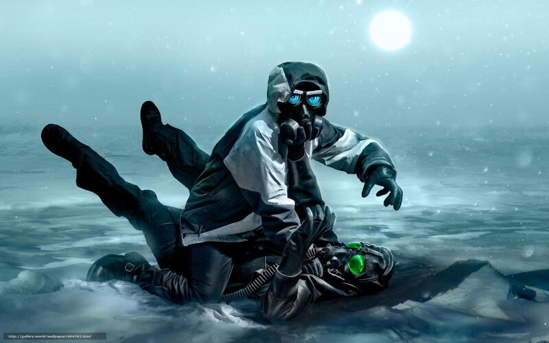 Soldiers in gas masks on ice