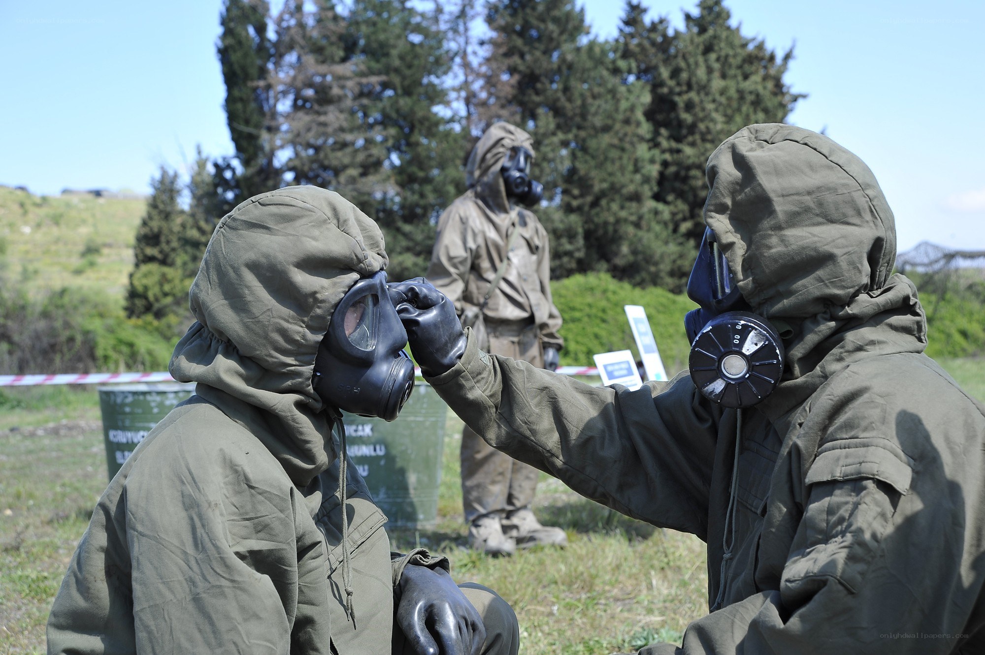 Soldiers in gas masks training