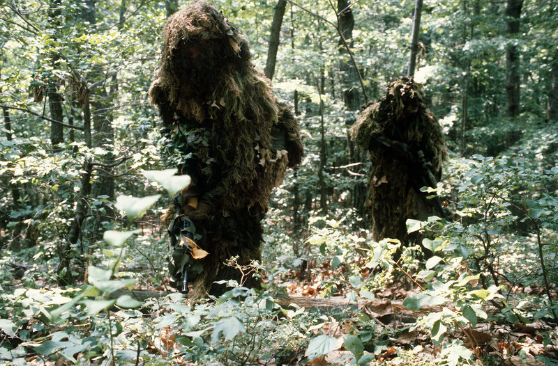 Soldiers in ghillie suits in forest