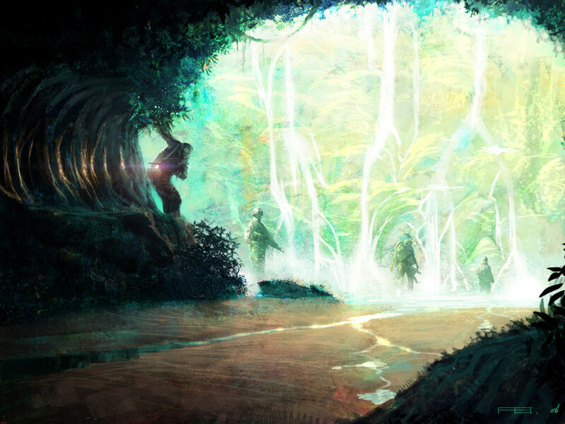 soldiers in glowing forest