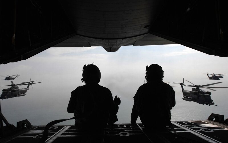 Soldiers in Helicopter — Black, Dramatic, Morning