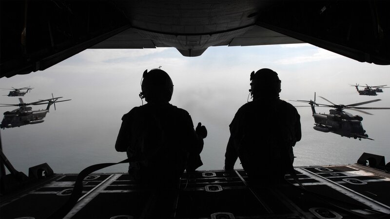 Soldiers in helicopter formation