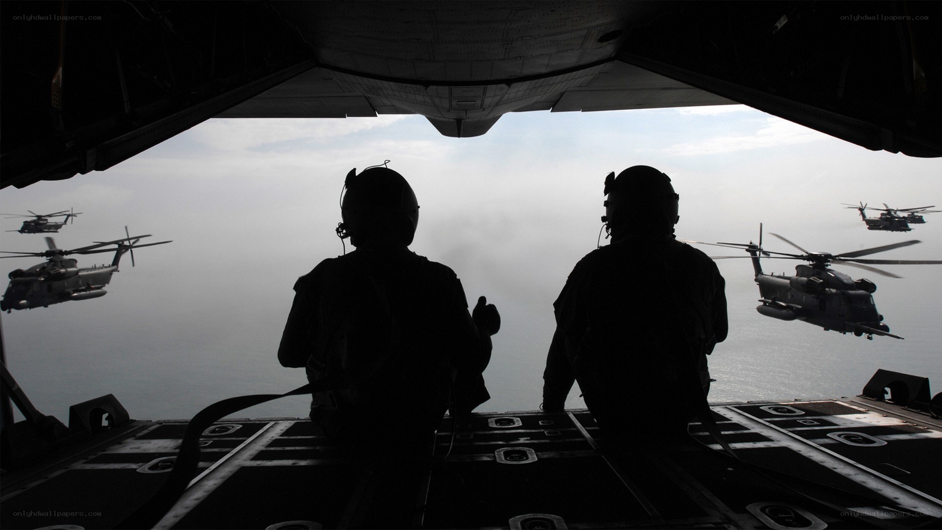 Soldiers in helicopter formation