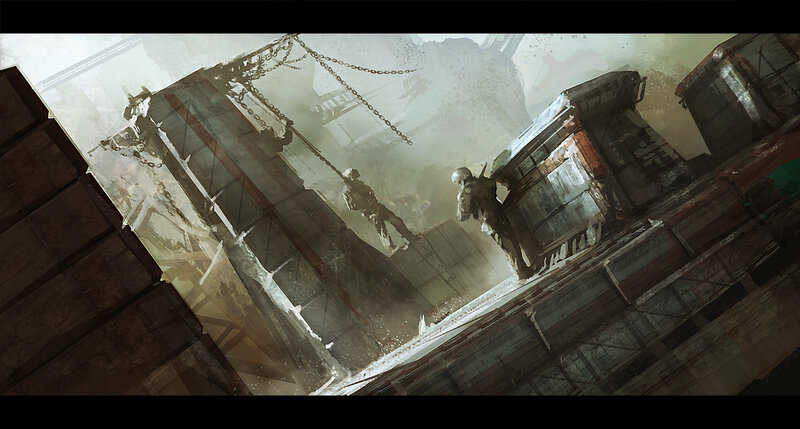 soldiers in industrial ruins