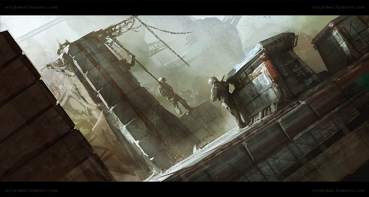 soldiers in industrial ruins