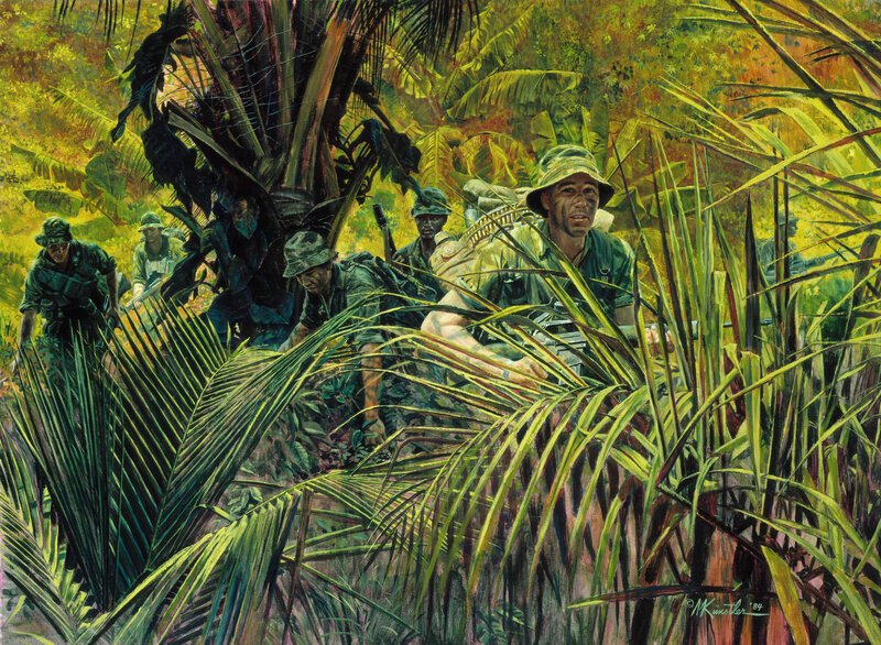 Soldiers in Jungle — Green, Tense, Afternoon, Painting