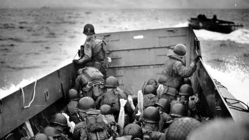 Soldiers in landing craft during invasion