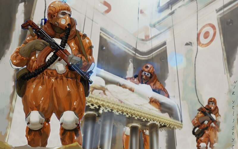 Soldiers in orange suits