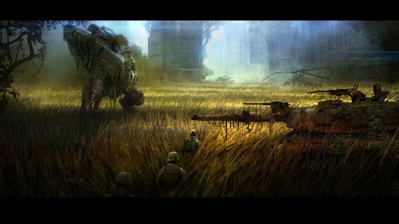 soldiers in overgrown battlefield