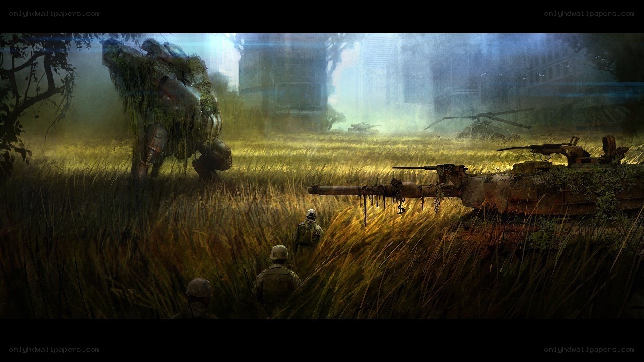 soldiers in overgrown battlefield
