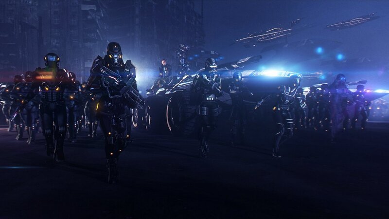 Soldiers in Powered Armor — Blue, Dramatic, Night, Digital Art