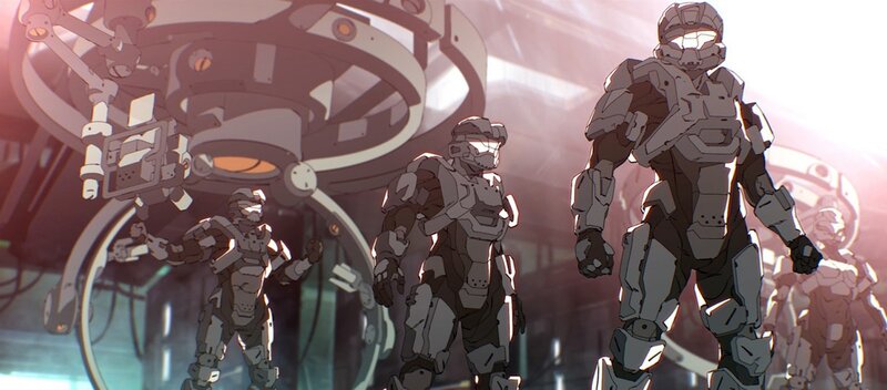 Soldiers in Powered Armor — Gray, Dramatic, Sunset, Anime