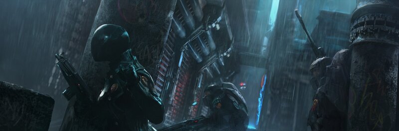soldiers in rainy alley