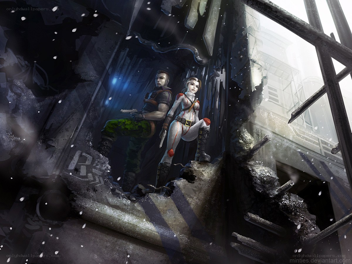 soldiers in ruined building