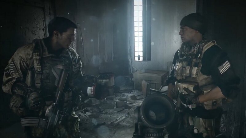 Soldiers in Ruined Building — Gray, Tense, Dramatic