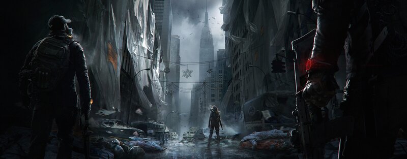 Soldiers in Ruined City — Gray, Dramatic, Night, Digital Art, Buildings