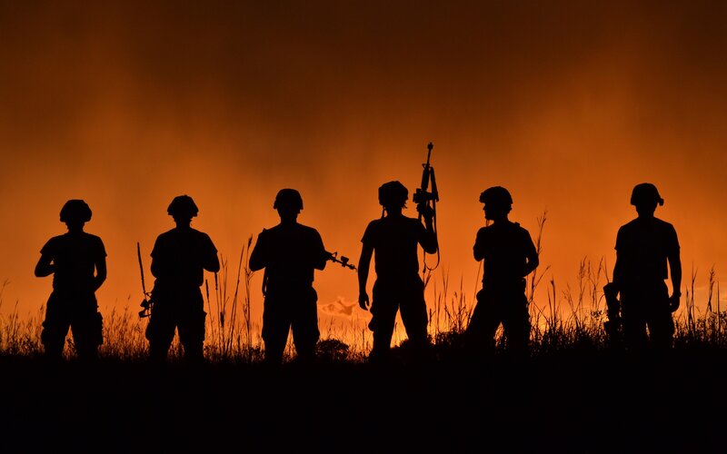 Soldiers in Silhouette — Orange, Dramatic, Sunset, Photograph, Fire