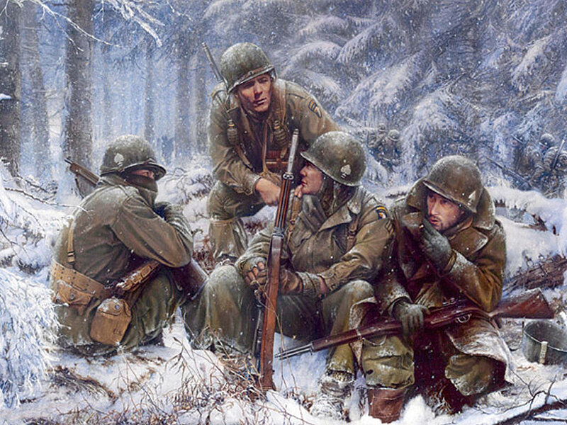 Soldiers in snowy forest