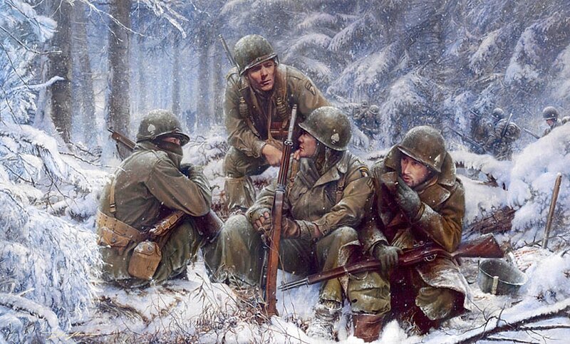 Soldiers in Snowy Forest — Green, Dramatic