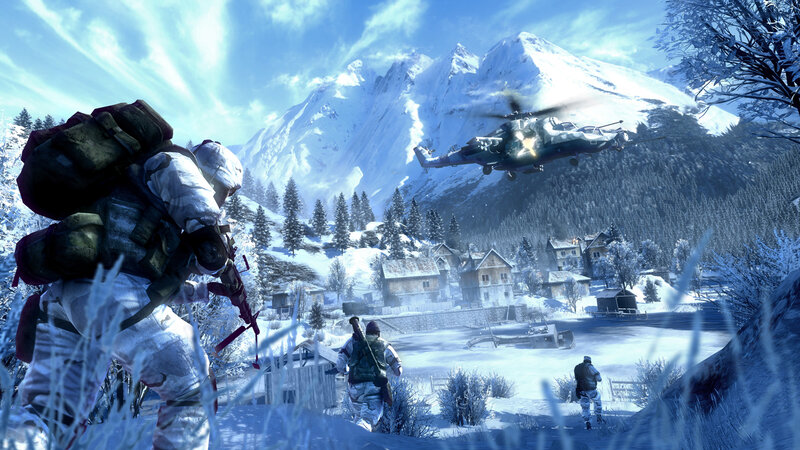 Soldiers in snowy mountain village