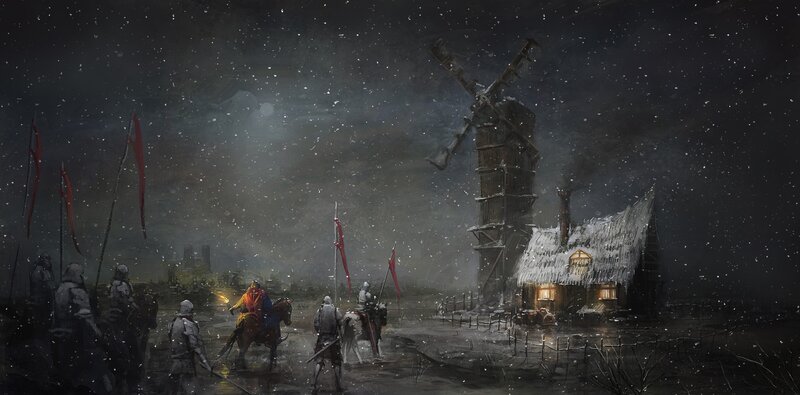 Soldiers in Snowy Village — Black, Dramatic
