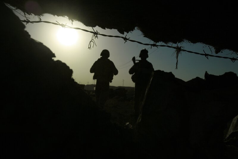Soldiers in Trench — Black, Dramatic, Sunset