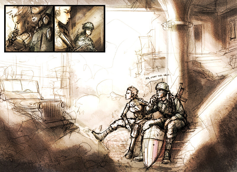 Soldiers in Trench — Brown, Dramatic, Illustration, Military Vehicle