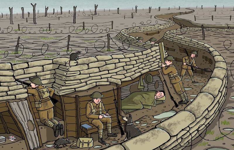 Soldiers in Trench — Brown, Dramatic, Illustration