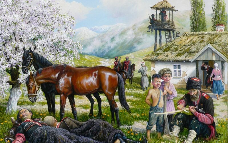 Soldiers in Village — Green, Dramatic