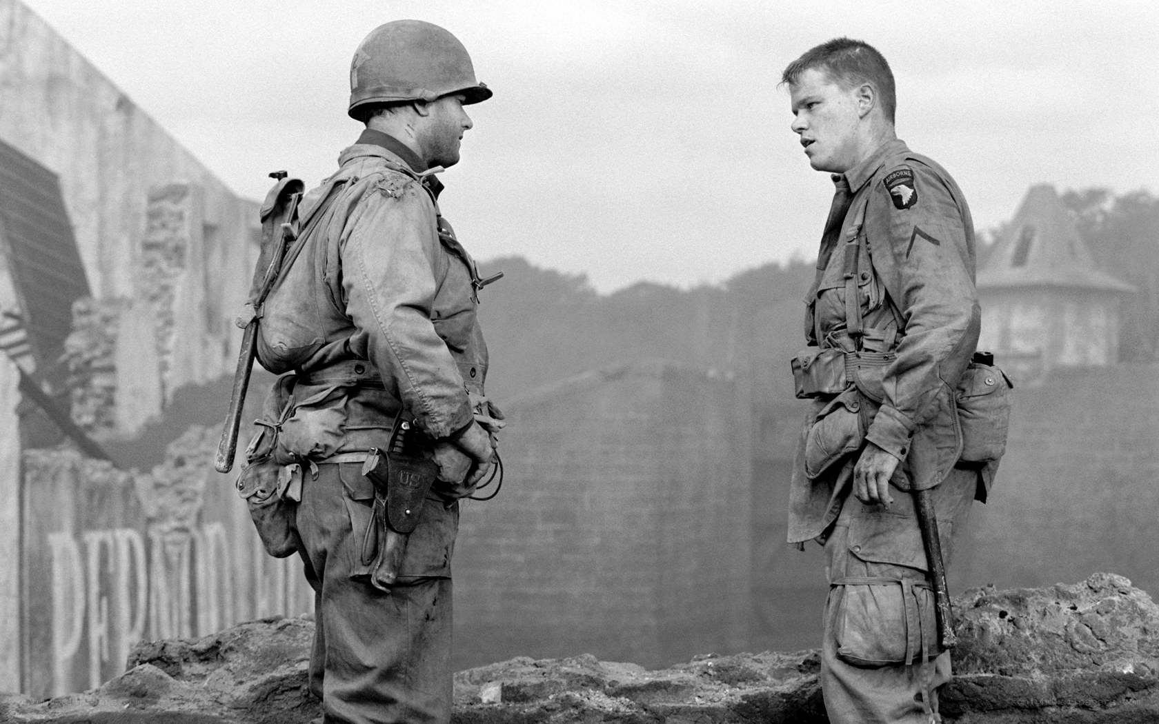 Soldiers in war-torn landscape