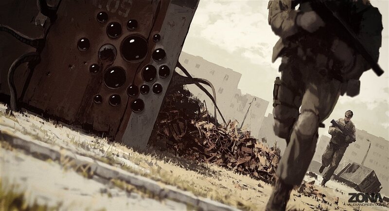 Soldiers in War Zone — Brown, Dramatic, Afternoon, Digital Art