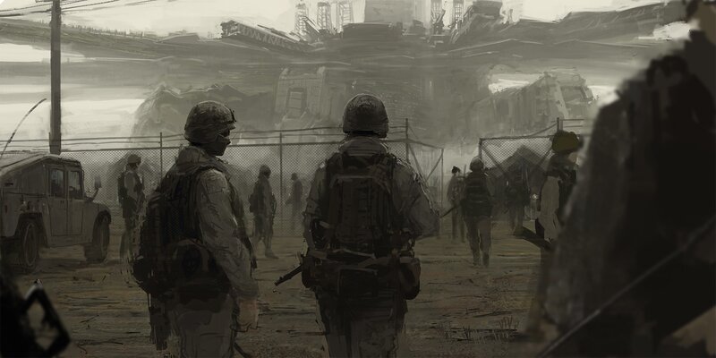 Soldiers in War Zone — Gray, Dramatic, Digital Art, Military Vehicles