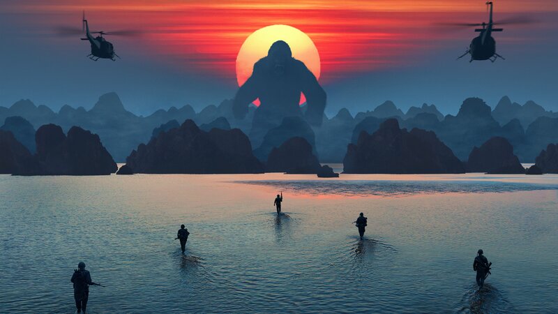 Soldiers in Water Facing Giant