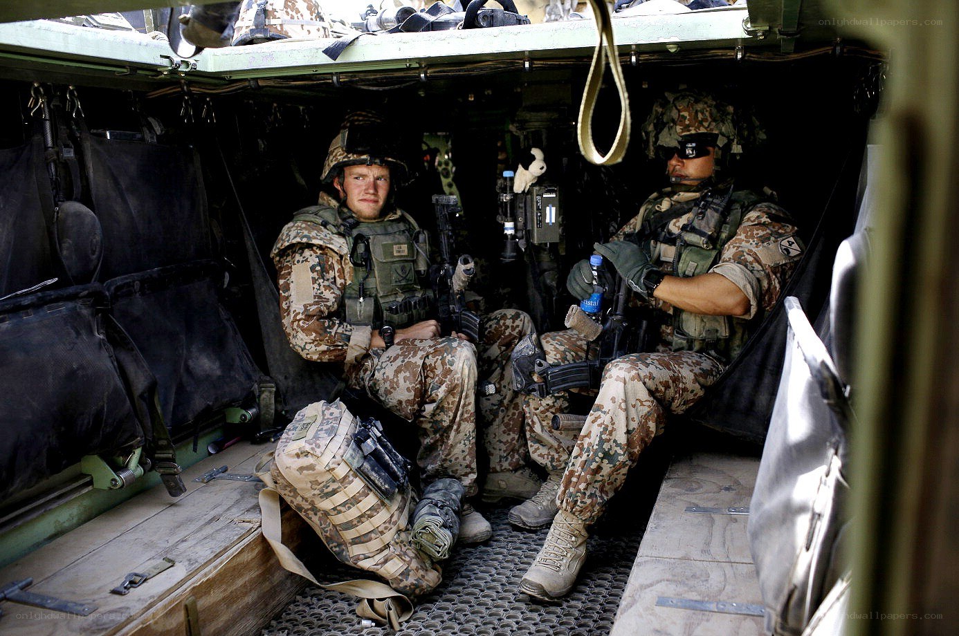 Soldiers inside armored vehicle