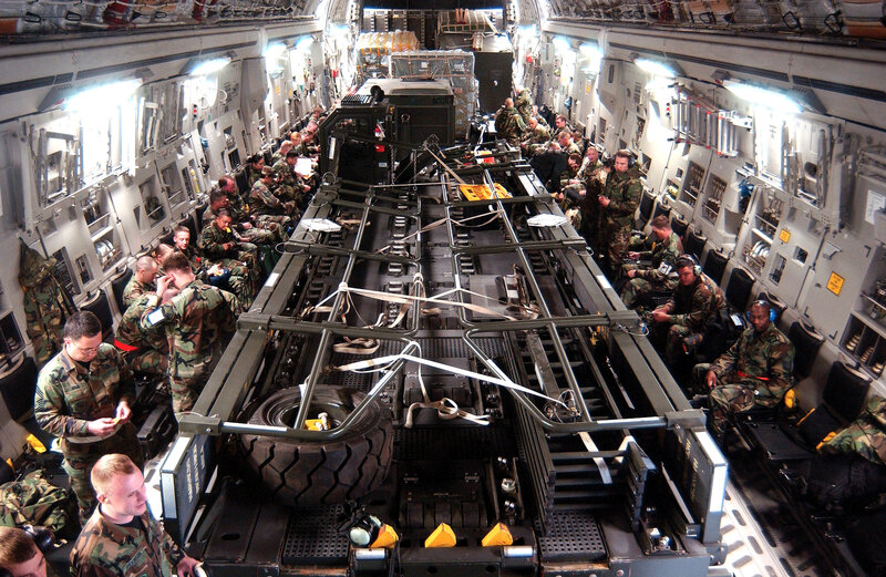 Soldiers inside cargo plane