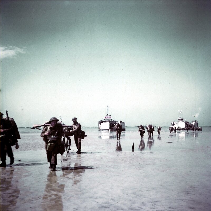 Soldiers landing on a beach