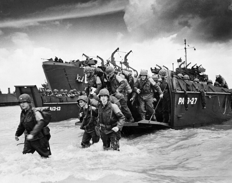 Soldiers landing on a beach