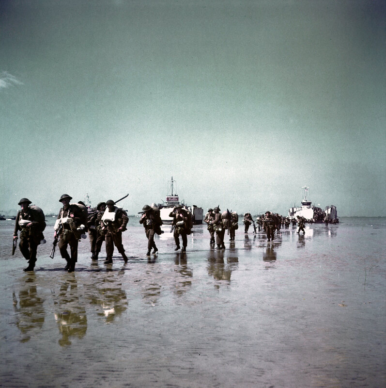 Soldiers landing on a beach
