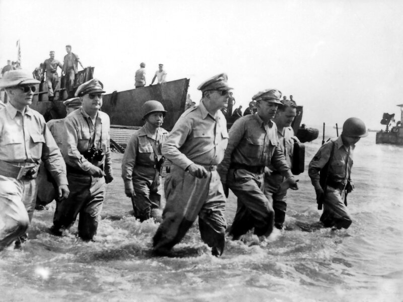 Soldiers landing on a beach