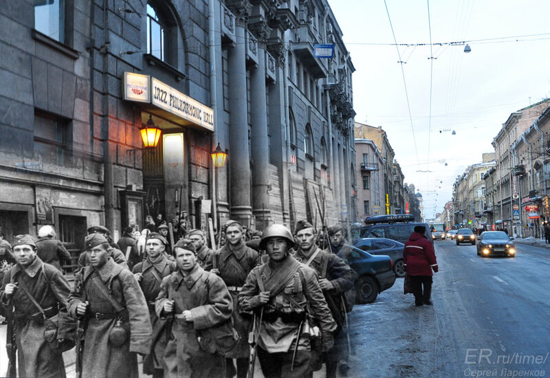 Soldiers marching in a city street