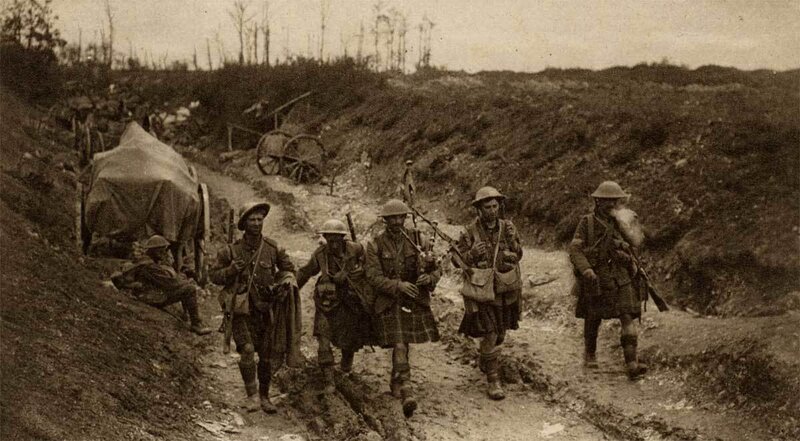 Soldiers marching in a trench