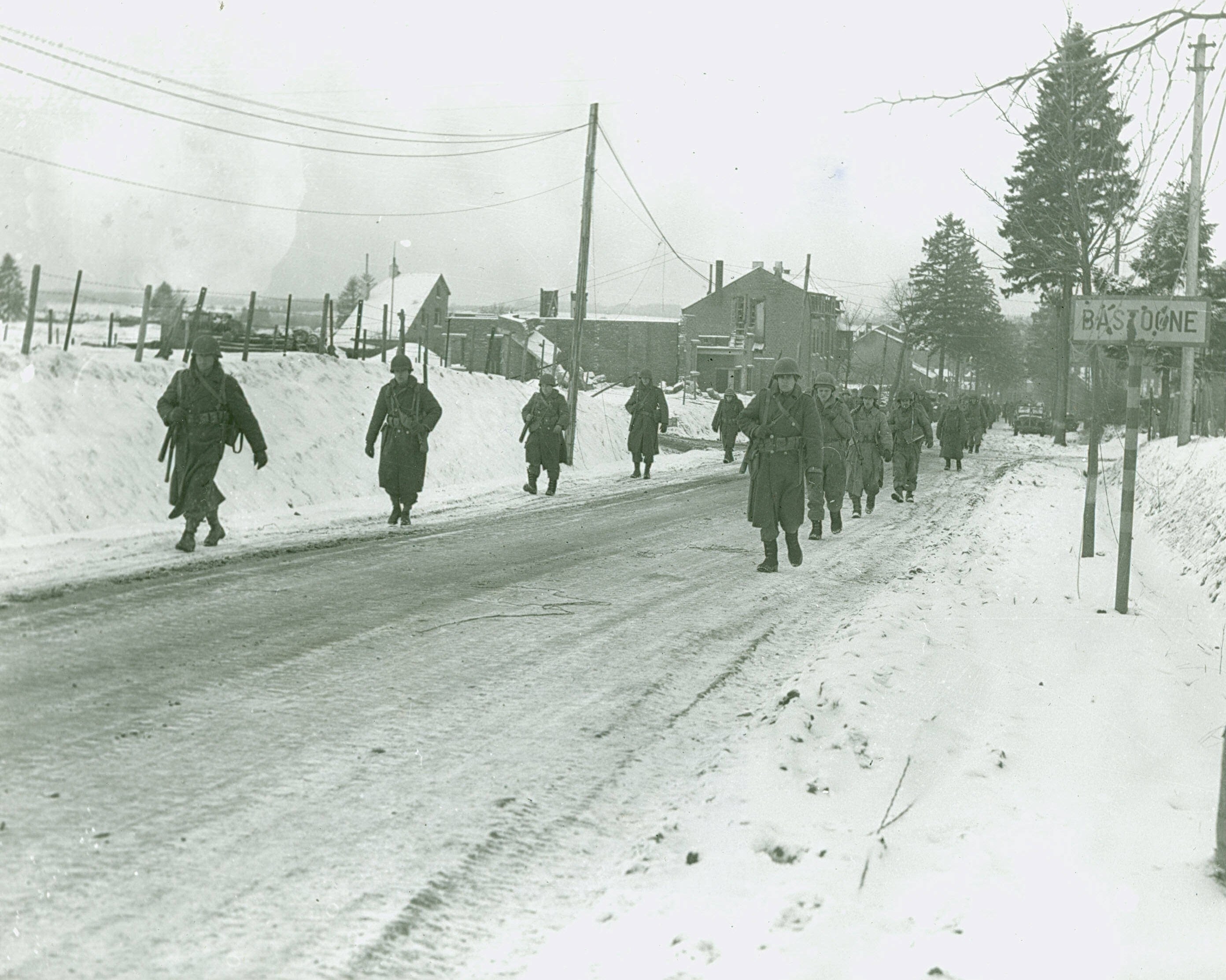 Soldiers marching in Bastogne