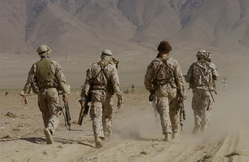 Soldiers marching in desert