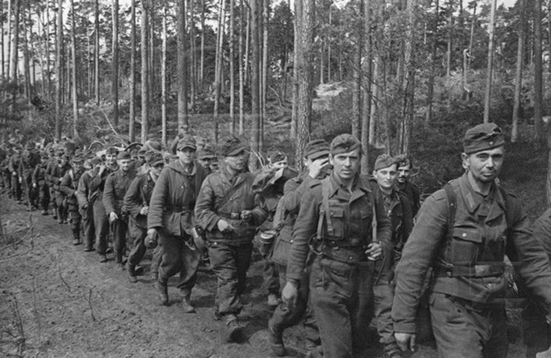 Soldiers marching in forest