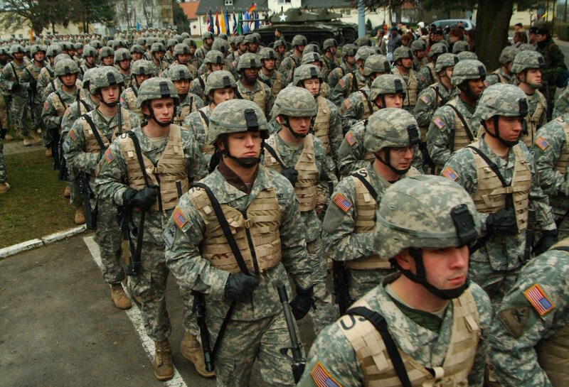 Soldiers Marching in Formation — Green, Serious