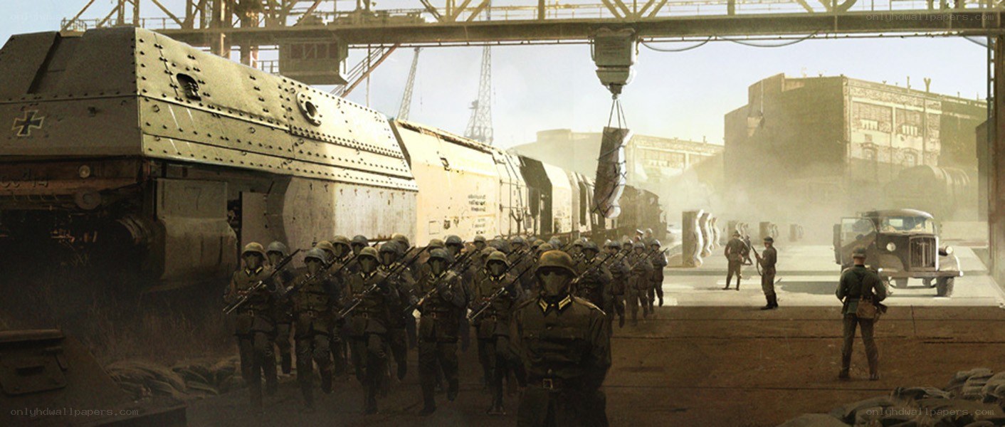Soldiers marching near armored train